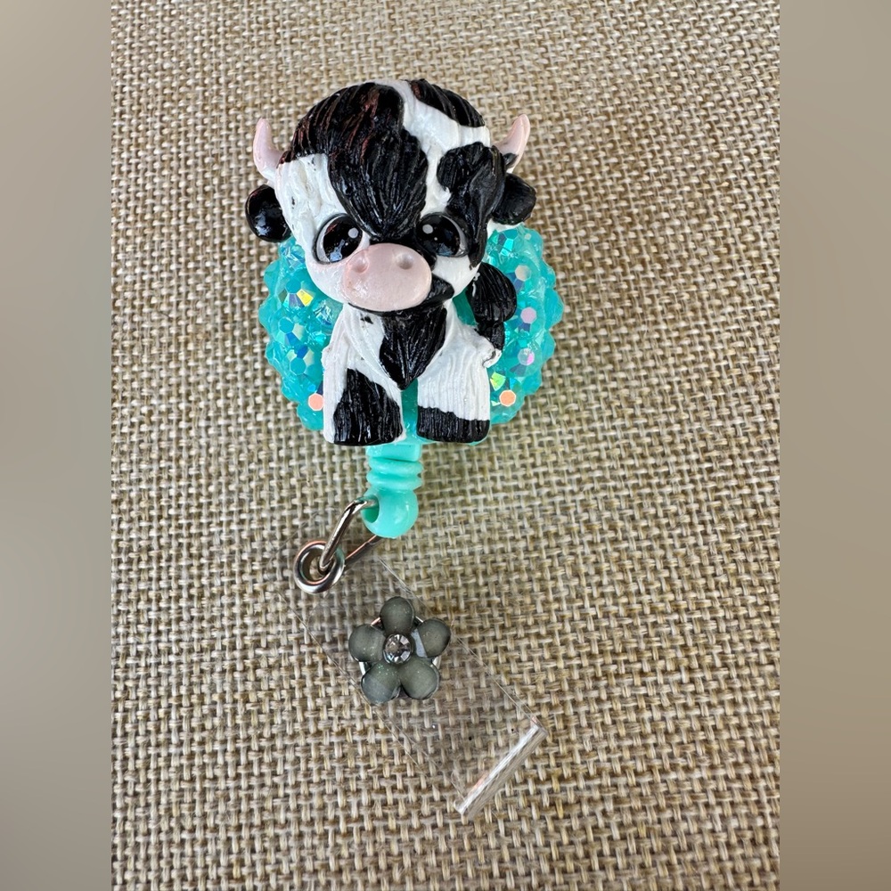 Cute Black & White Cow Badge Reel Card Holder with Teal Accent